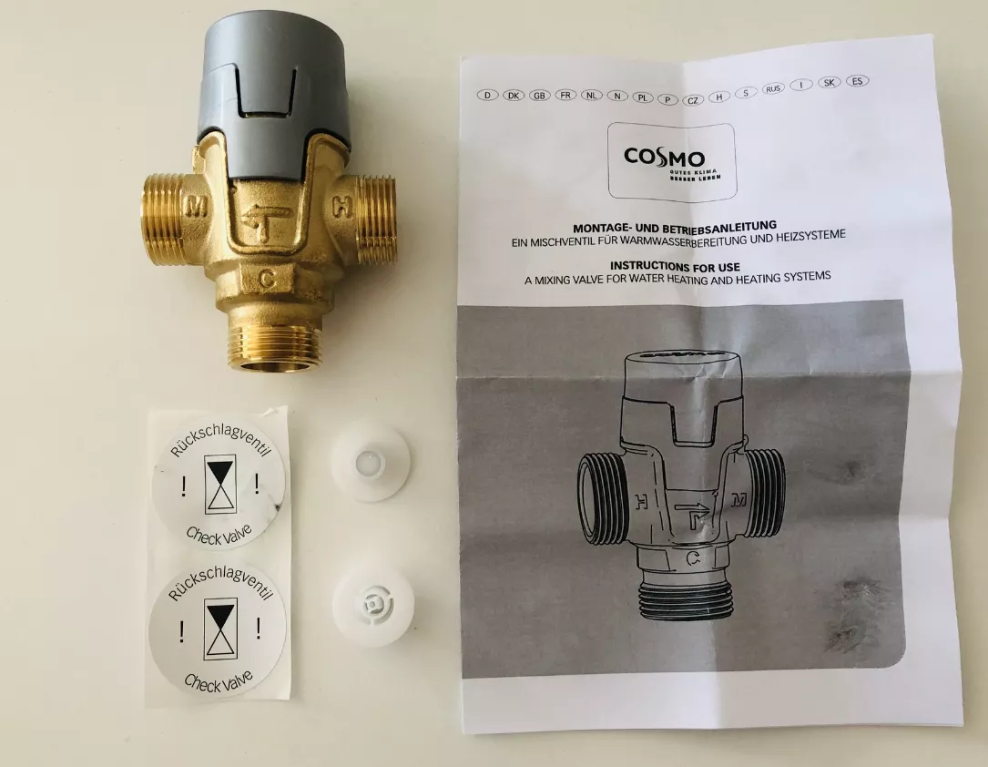 COSMO Brauchwassermischer 35-65 Grad C. Anschluss 3/4" AG, KvS=1,6 o. Dämmbox | CBWM20
