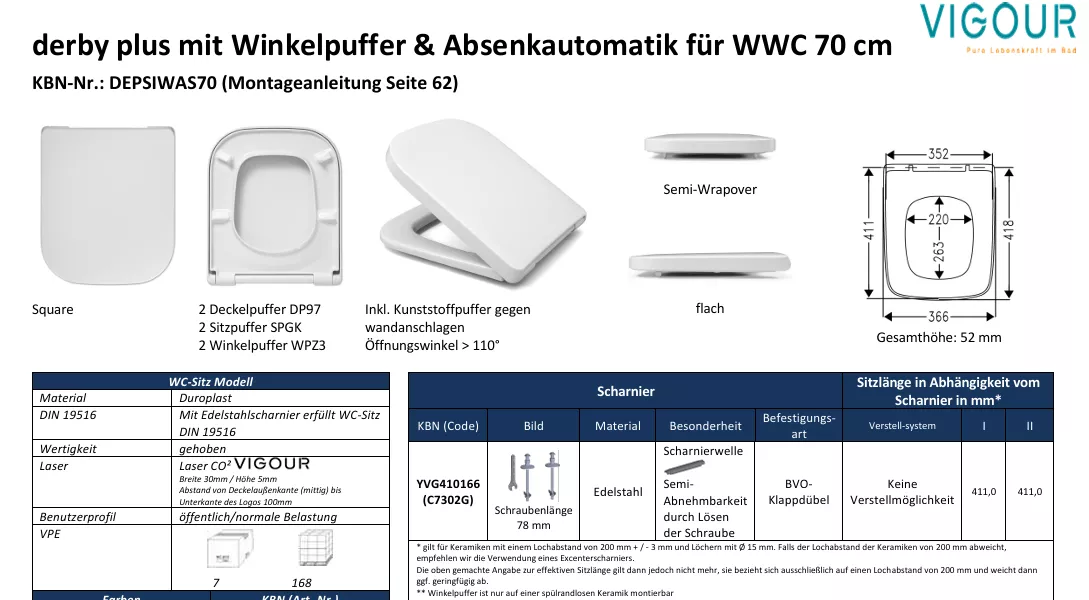 VIGOUR WC-Sitz derby plus semi abnehmbar WWC70 Scharniew | DEPSIWAS70