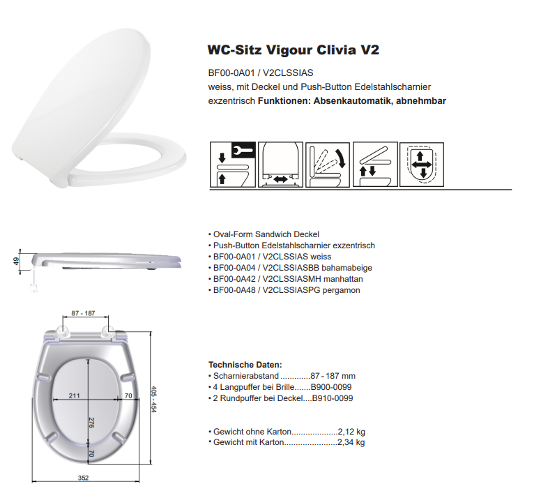 Vigour clivia V2 WC-Sitz für Stand-WC, weiss mit Absenkautomatik, abnehmbar | V2CLSSIAS