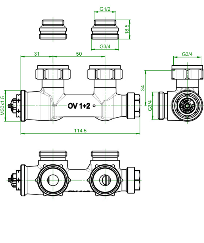 Oventrop Anschlussarmatur Multiblock TU Ein-/Zweirohr Anschluss AG 1/2" Eckform | 1184034