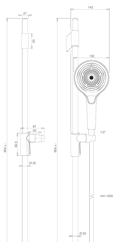 VIGOUR Brausegarnitur individ.3.2 m.Stange 95cm Schlauch | V32BG953R 