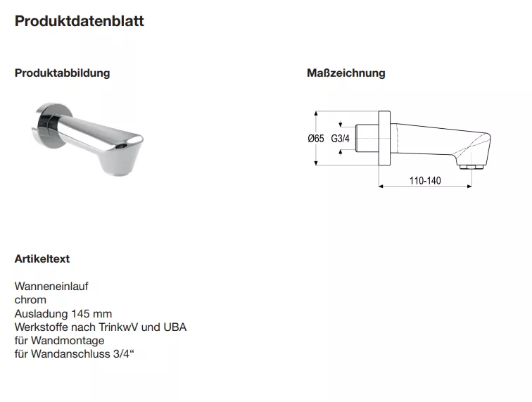 VIGOUR Wanneneinlauf V1 3/4" verchromt Ausladung 140mm | V1E