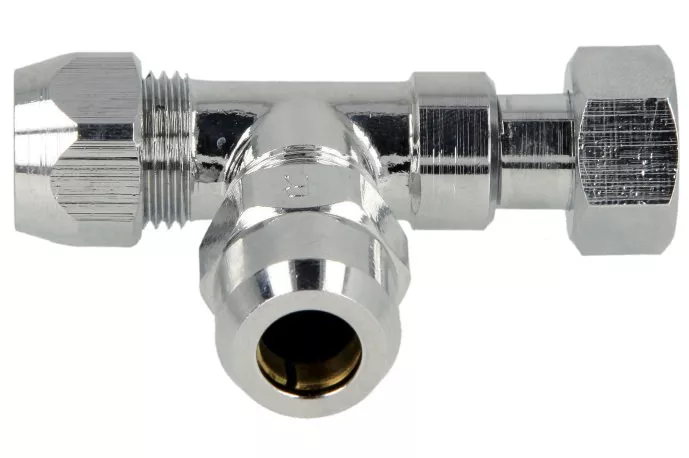 T-Quetschverschraubung mit Überwurfm. 3/8 x QV 10 x QV 10 mm, verchromt