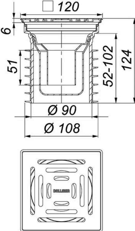 Dallmer Bodenablauf Pronto DN 100 ES 120x120mm, Rost ES Klasse K 3 | 700063
