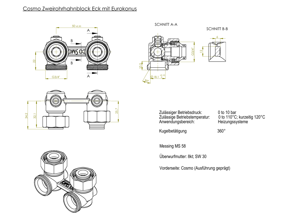 COSMO Zweirohr-Hahnblock 3/4" AG Konus lose DN 20 Eckform 10 bar 50mm | ZHEM