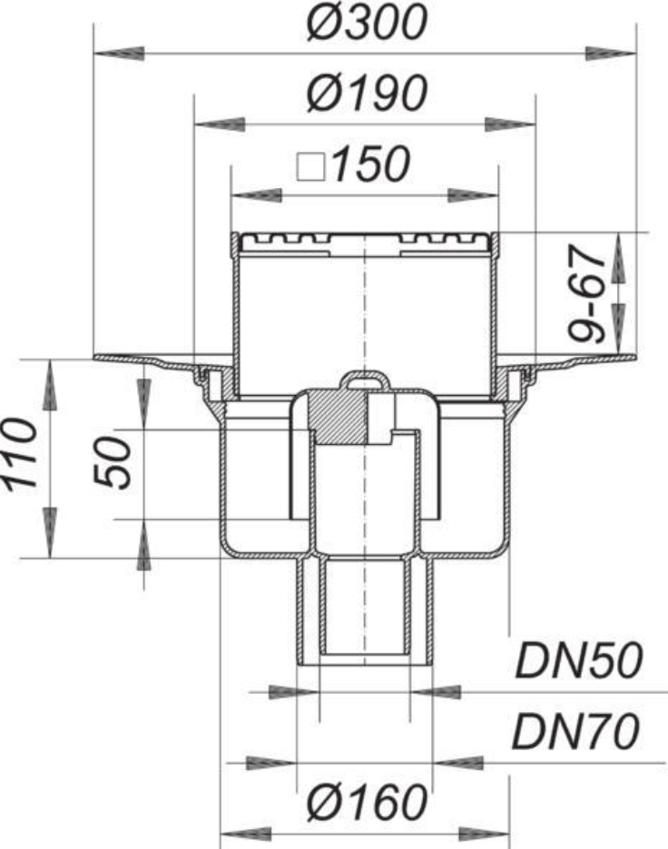 Dallmer Bodenablauf 61 HT/KE DN 50/70 Rost Edelst.150x150mm | 611253