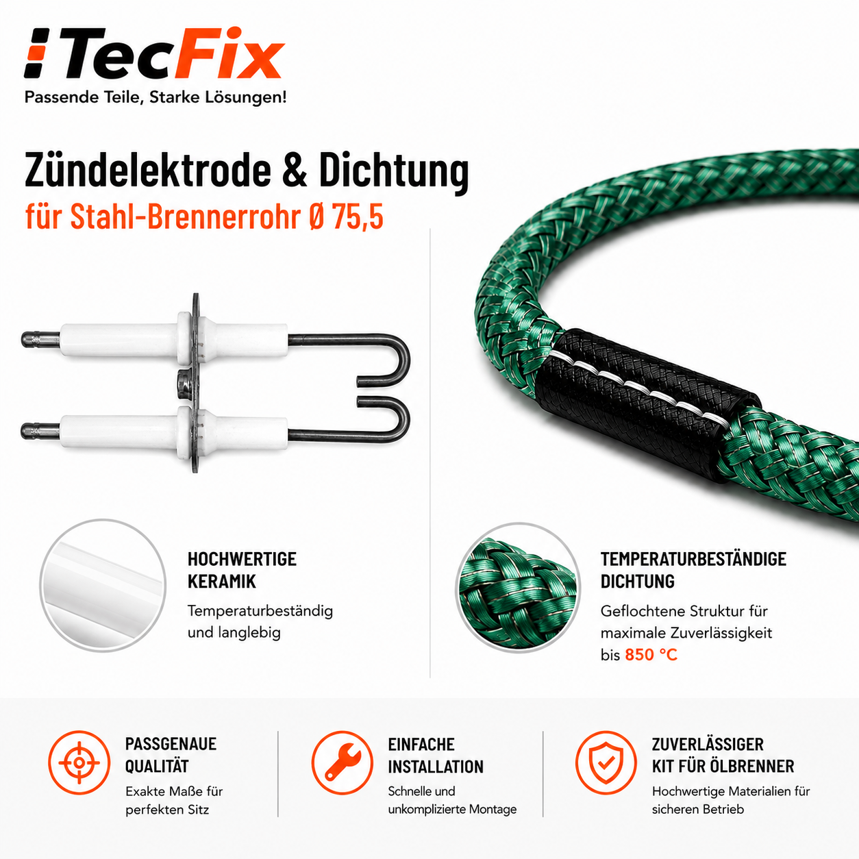 Zündelektrode & Dichtung für Stahl-Brennerrohr 75,5 für Buderus BE / BE-A [17-34 kW]