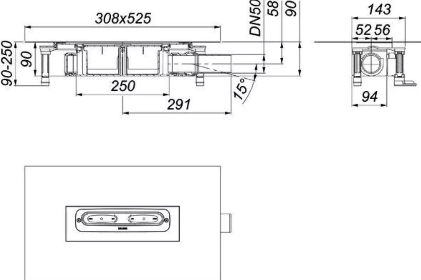 Dallmer Ablaufgehäuse DallFlex DN 50 m.Kugelgelenk Bauhöhe 90mm | 539007