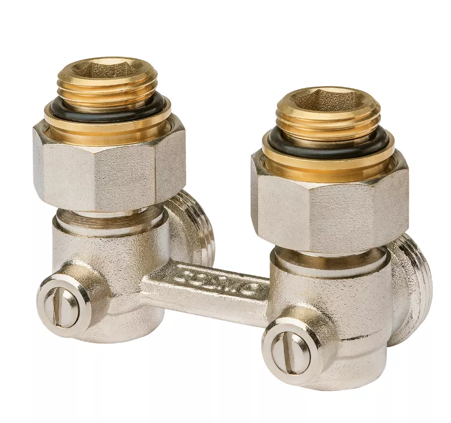 COSMO Zweirohr-Hahnblock DN 15 Eckform mit Anschlussnippel für HK mit 1/2" IG | ZHEAM