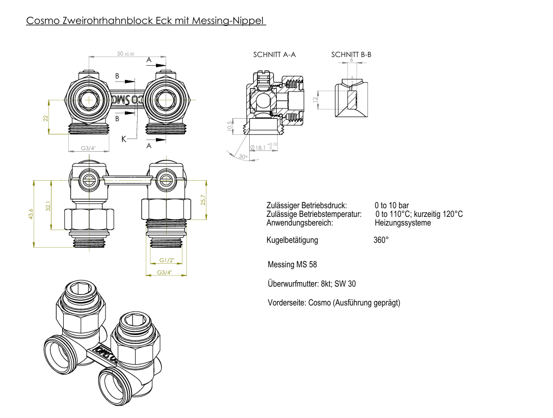 COSMO Zweirohr-Hahnblock DN 15 Eckform mit Anschlussnippel für HK mit 1/2" IG | ZHEAM