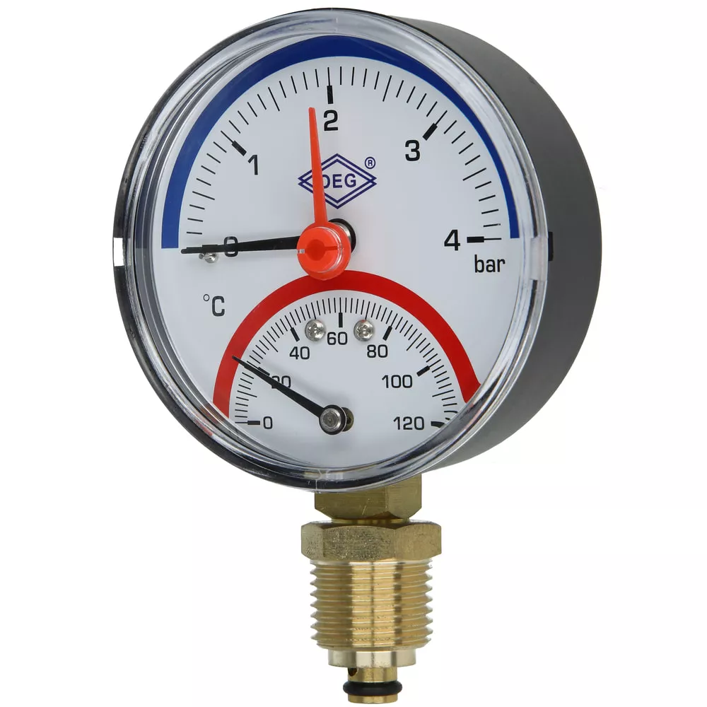 Thermo-Manometer, 0 - 4 bar, 0-120°C, 80 mm, radial, ½" AG