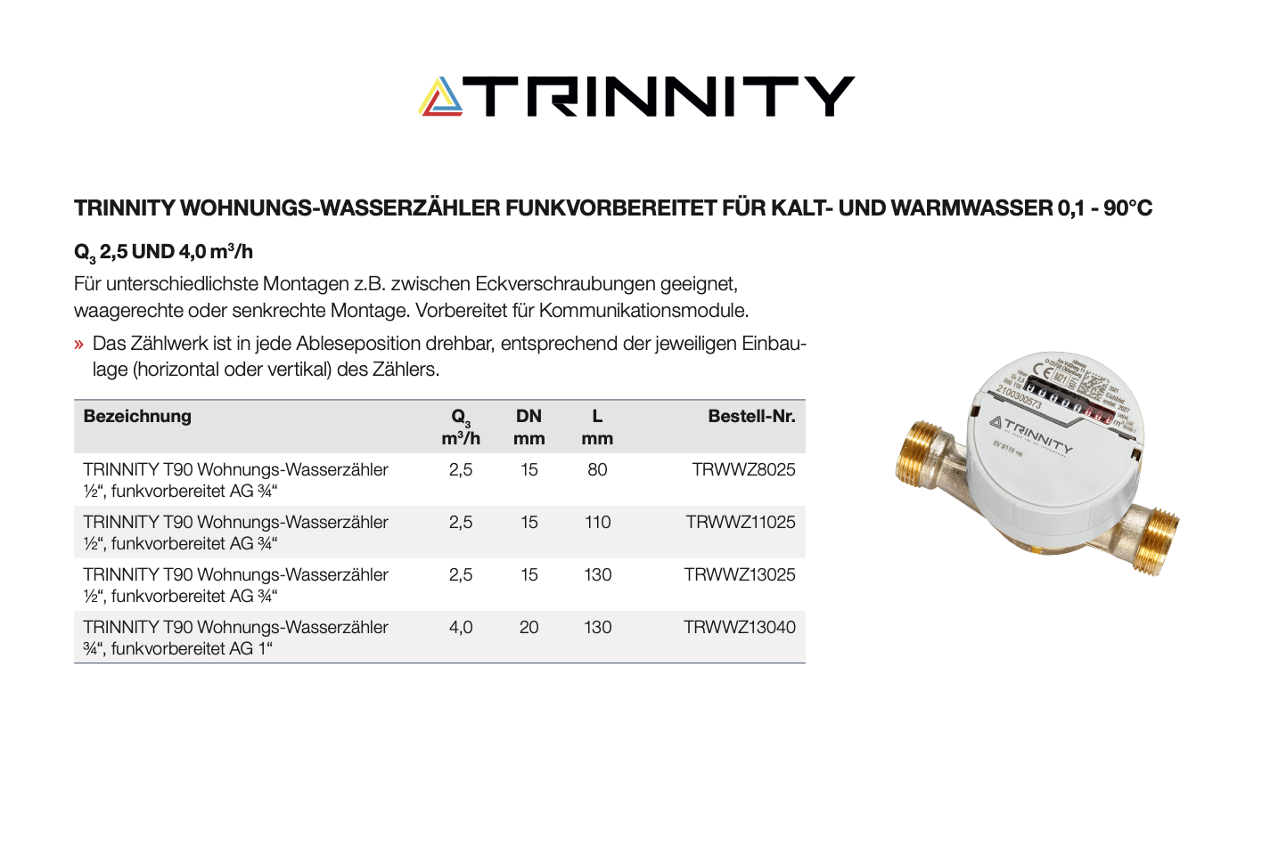 TRINNITY T90 Aufputz Wohnungs-Wasserzähler DN15-DN20 80-130 mm Wasseruhr Funkvorb.