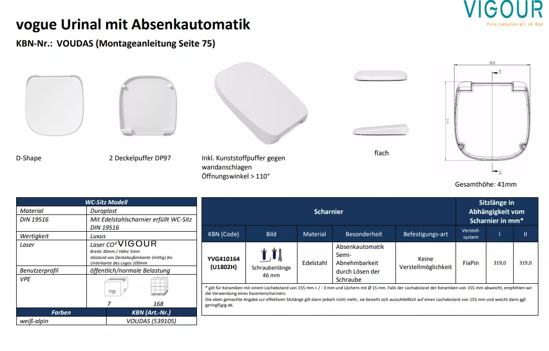 VIGOUR Urinaldeckel V5 vogue mit ES-Scharnier Absenkautomatik, weiss | VOUDAS
