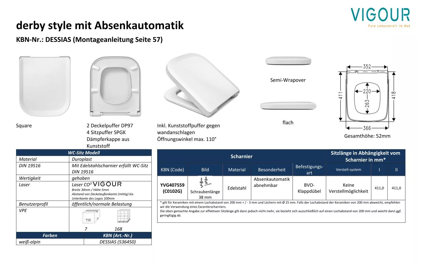 VIGOUR WC-Sitz derby style | DESSIAS | mit 200 mm Lochabstand | mit Softclose weiss