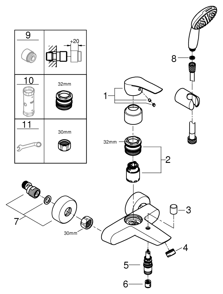 GROHE EH-Wannenbatt. Eurosmart 252763 Wandmontage mit Wandhalterset chrom | EUSMARTWWHS