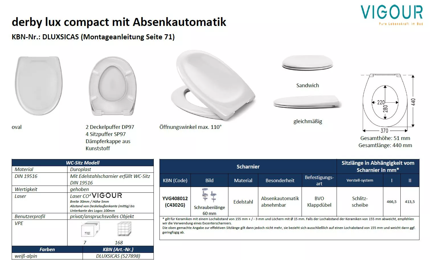 Vigour WC-Sitz Derby Lux Compact DLUXSICAS abnehmbar mit Absenkautomatik & Edelstahlscharnier