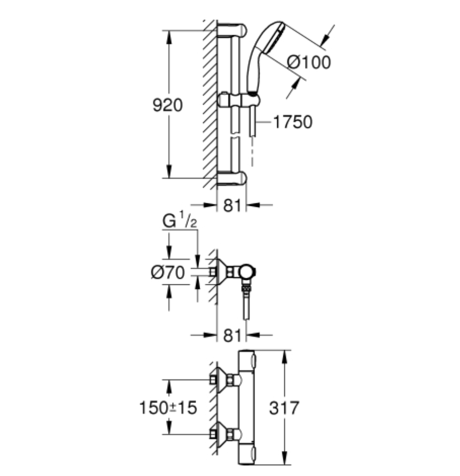 Grohe THM-Brausebatterie Grohtherm 500 mit Brausegarnitur 900mm chrom | 34797000