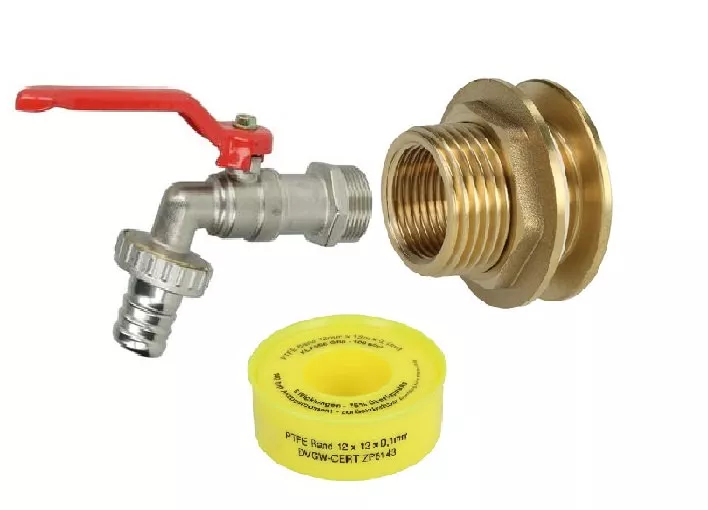 Regentonnendurchführung 1"AG x 3/4"IG + Kugelauslaufventil 3/4" + Dichtband