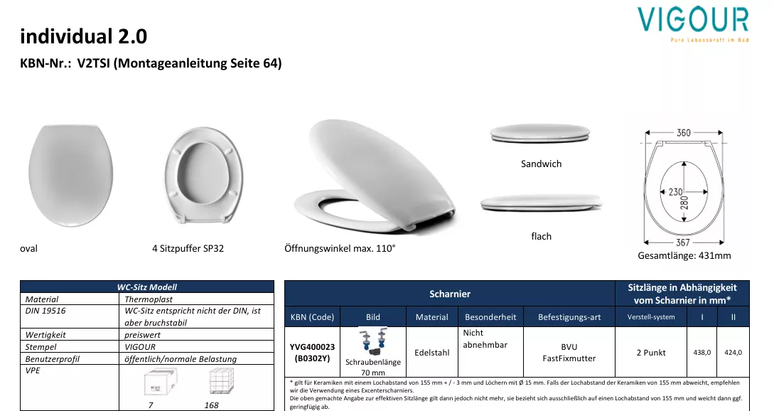 VIGOUR WC-Sitz individual 2.0 Thermoplast mit Edelstahlscharniere weiss | V2TSI