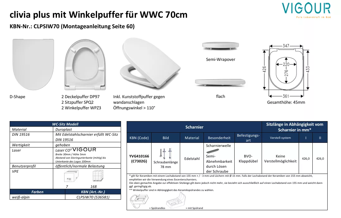 VIGOUR WC-Sitz clivia plus WWC 70cm semi abnehm weiss | CLPSIW70