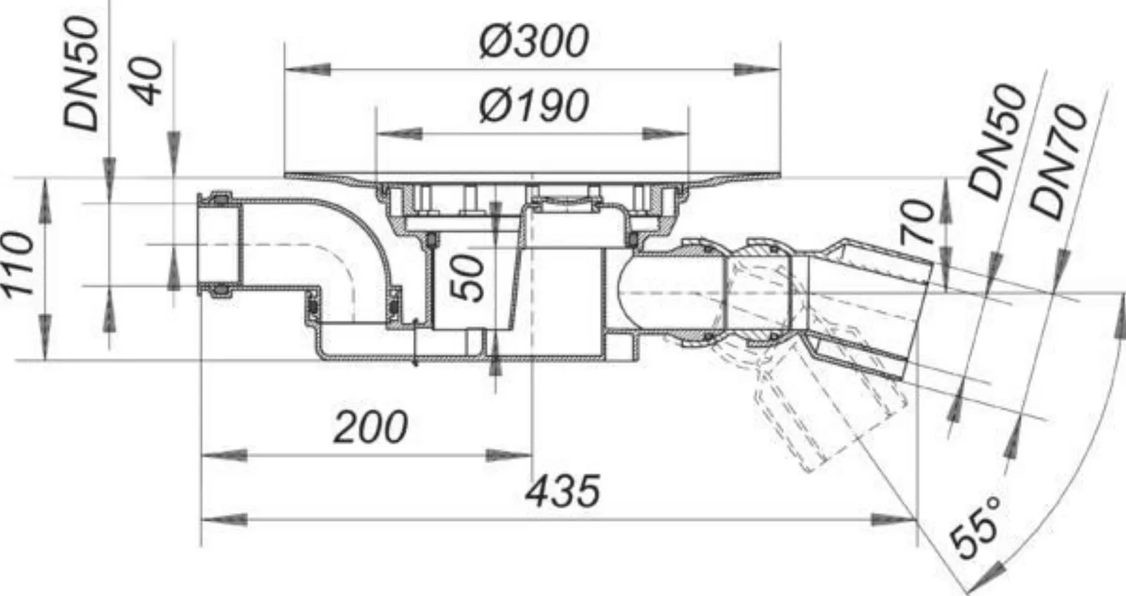 Dallmer Ablaufgehaeuse 55 Nennweite DN 50/70 Ablauf seitlich | 551054