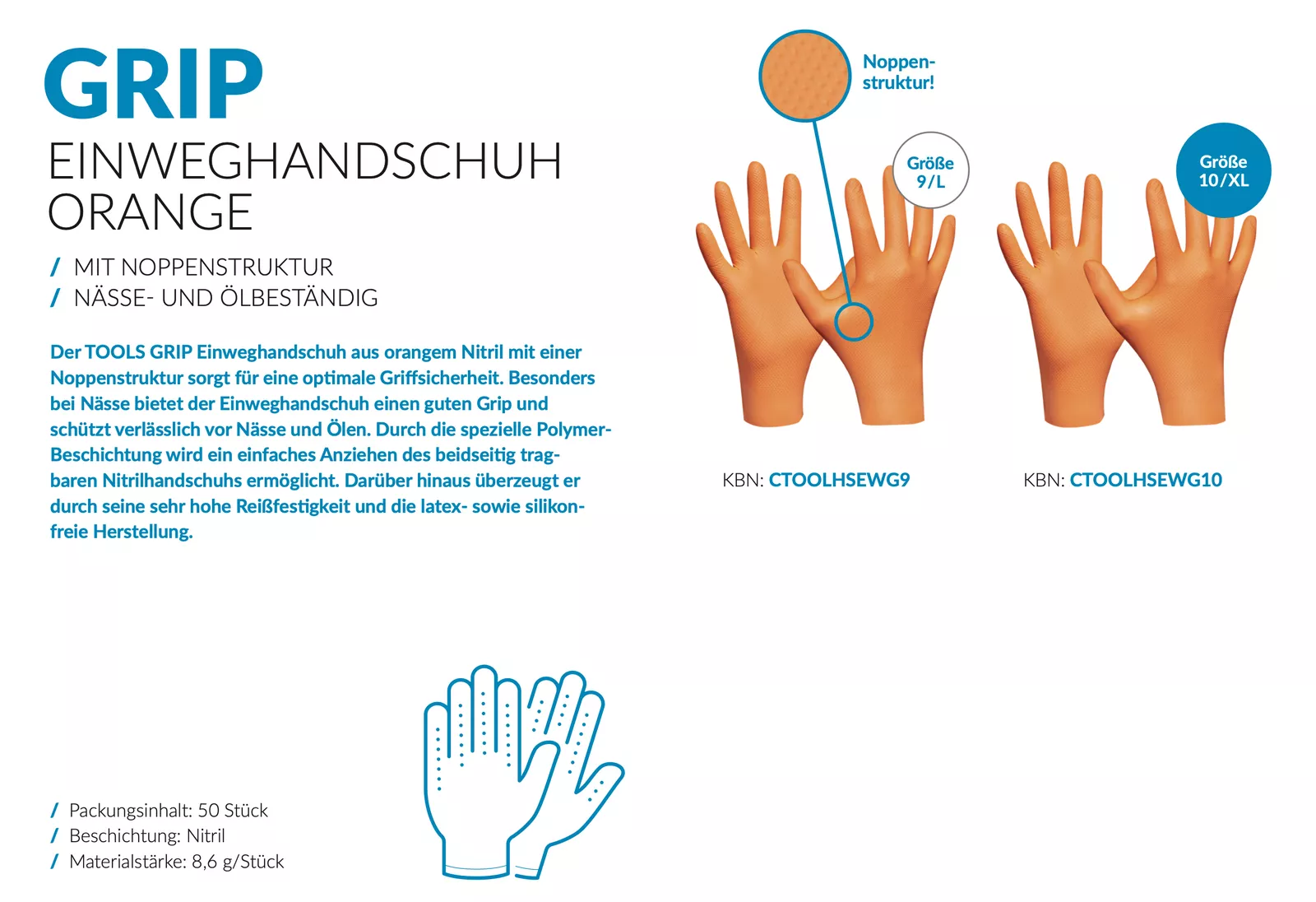 Conel TOOLS GRIP Einweghandschuh Gr. 9 L-10 XL orange, ölbeständig, VPE 50 Stck.