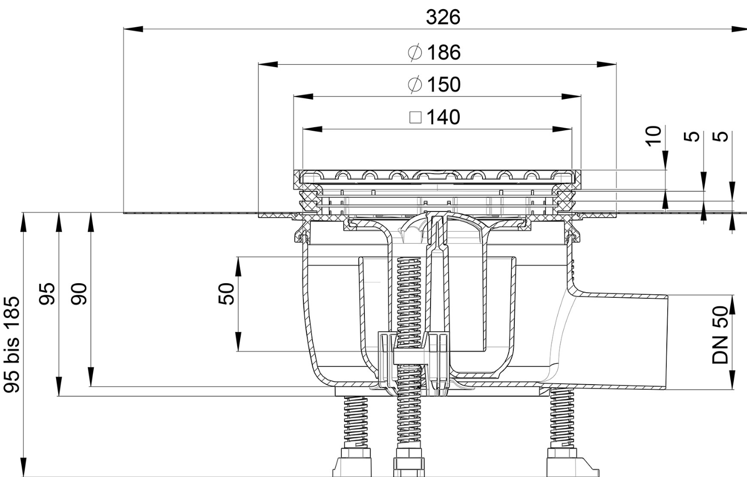 CONEL Bodenablauf DRAIN PLUS DN50, waagerecht Dichtfl. u. Aufs. 150mm o | CODP50OZWK