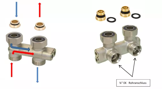 Umlenkstück Durchgangform DN 20 (3/4") mit Eurokonus-Einlegeteil, absperrbar