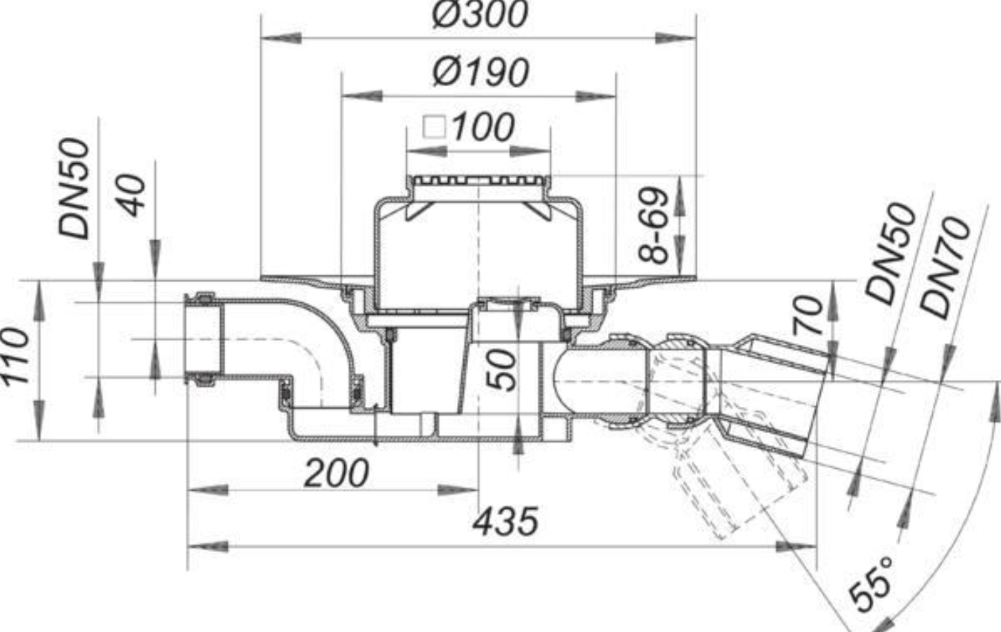 Dallmer Bodenablauf 55 E DN 50/70 Rost Edelst.100x100mm | 551153