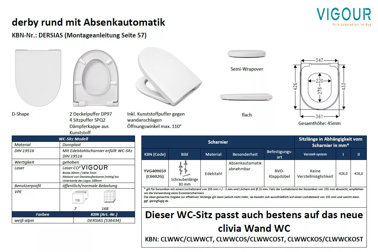 Vigour WC-Sitz derby rund DERSIAS abnehmbar mit Absenkautomatik & Edelstahlscharnier