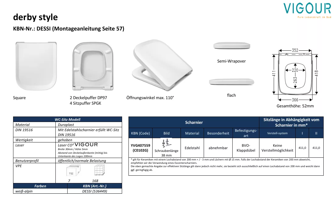 VIGOUR WC-Sitz derby style Edelstahlscharnier abnehmbar weiss | DESSI