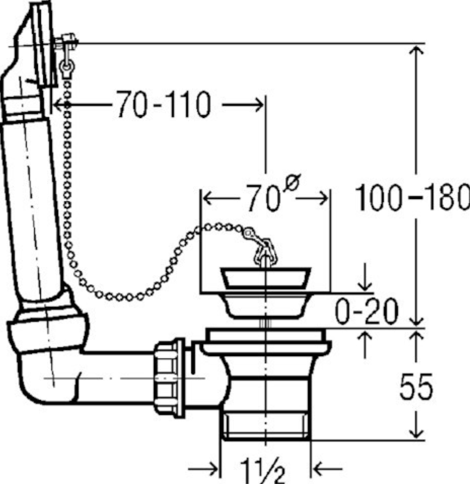 Viega Ab-u.Überlaufgarnitur f.Spüle 1 1/2" d=70mm Aufbauhöhe 55mm, Kunstst | 100834