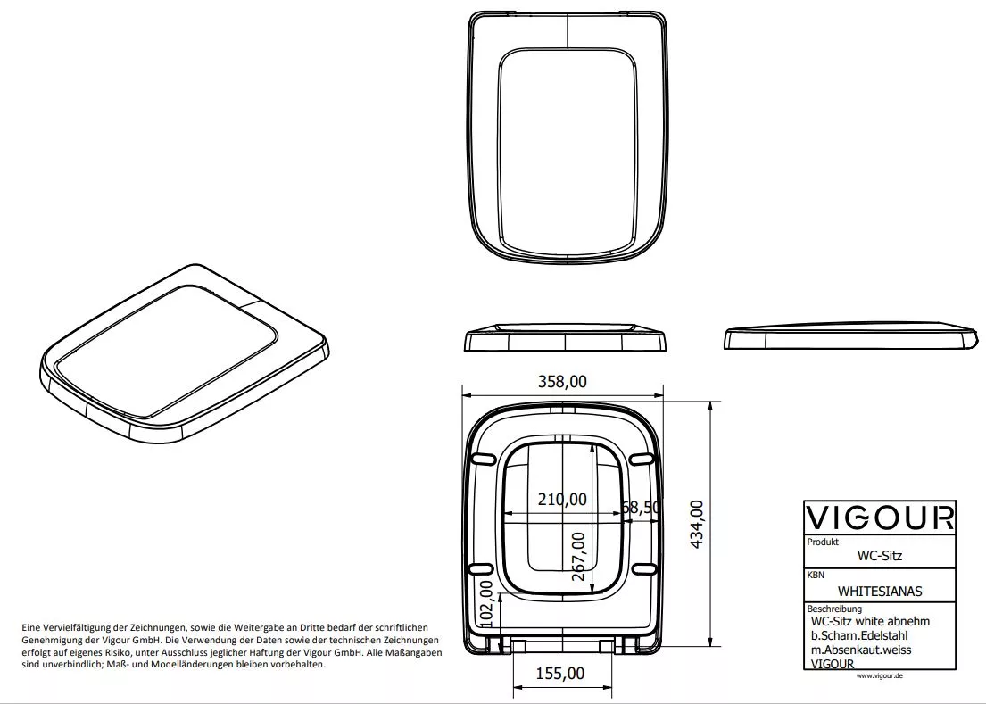 Vigour WC-Sitz white WHITESIANAS abnehmbar mit Softlocse & Edelstahlscharniere