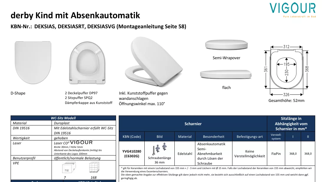 VIGOUR WC-Sitz derby Kind mit Deckel semi abn. weiss | DEKSIAS