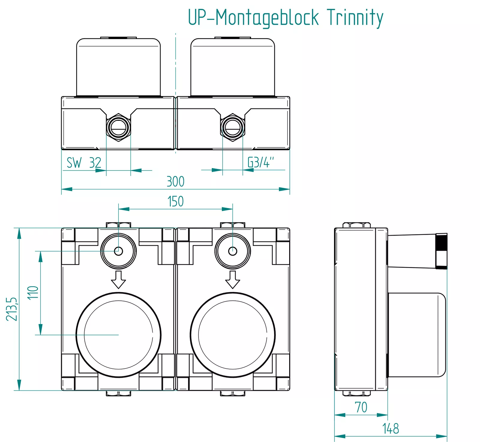 TRINNITY Montageblock Wasserzaehler DUO Rotguss, Allmess, 3/4" | TRWZBDAL34RG