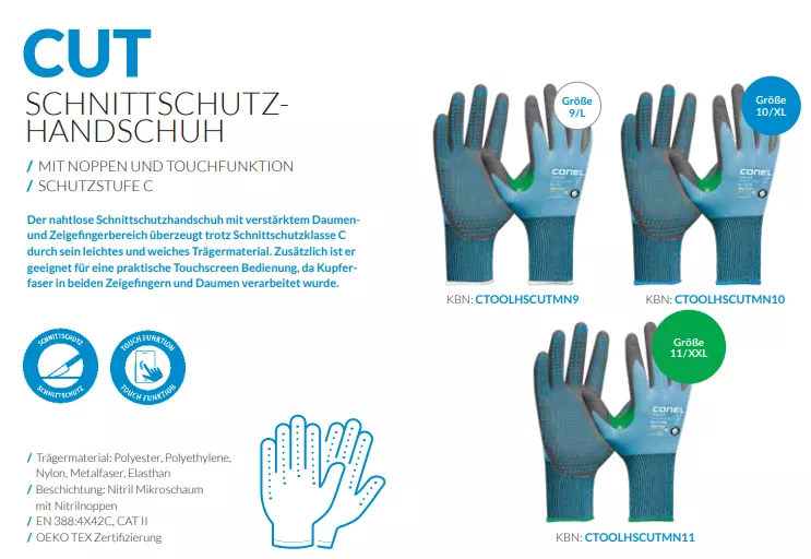 CONEL TOOLS CUT Schnittschutzhandschuh Gr.8 M- Gr.9 L-Gr.10 XL-Gr. 11 XXL m.Noppen u.Touch,Schutzstufe C 