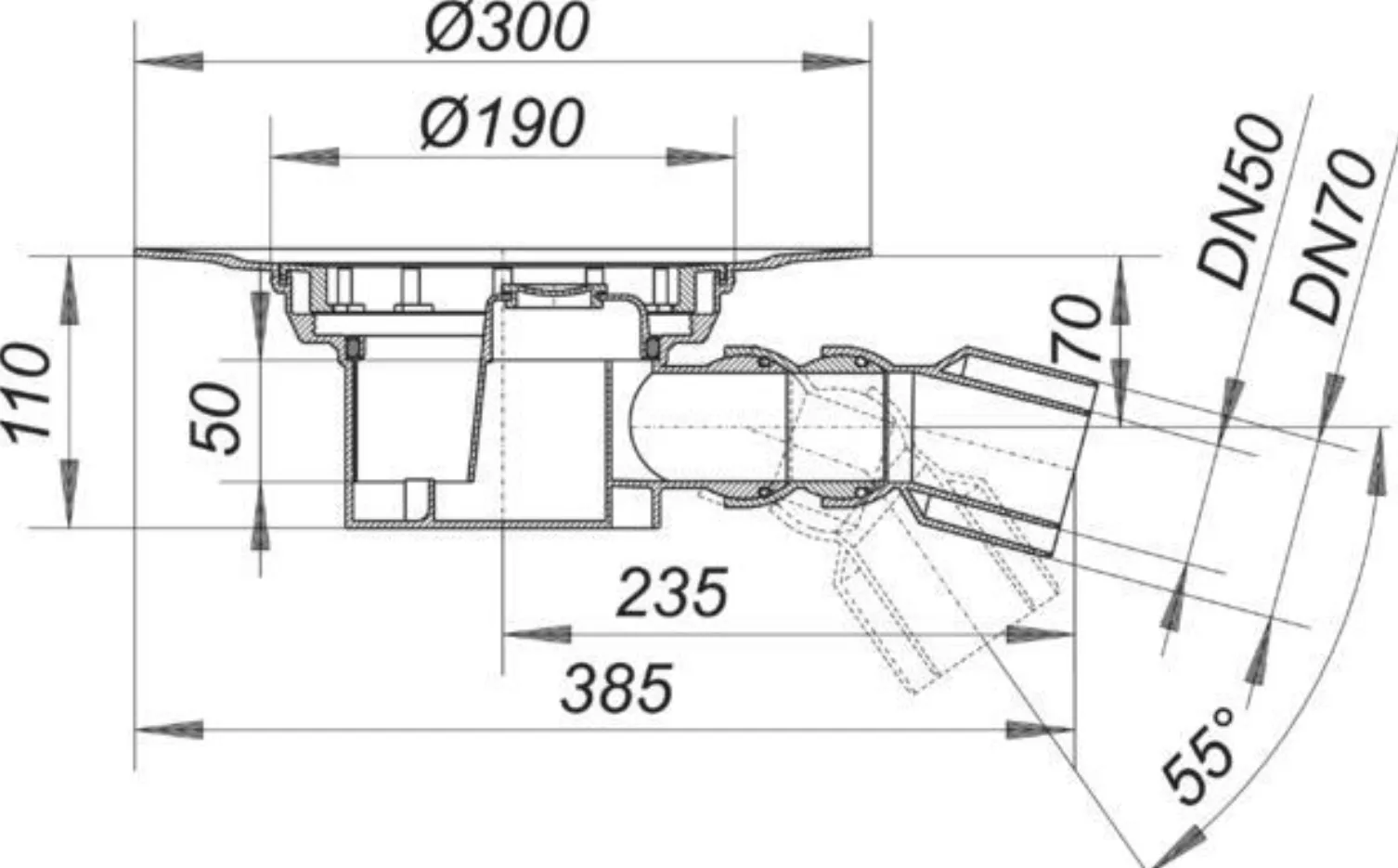 Dallmer Ablaufgehaeuse 54 Nennweite DN 50/70 Ablauf seitlich | 541055
