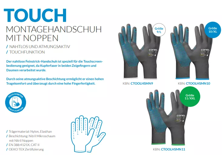 CONEL TOOLS TOUCH Montagehandschuh Gr.8 M-Gr.9 L-Gr.10 XL-Gr.11 XXL mit Noppen und Touchfunktion 