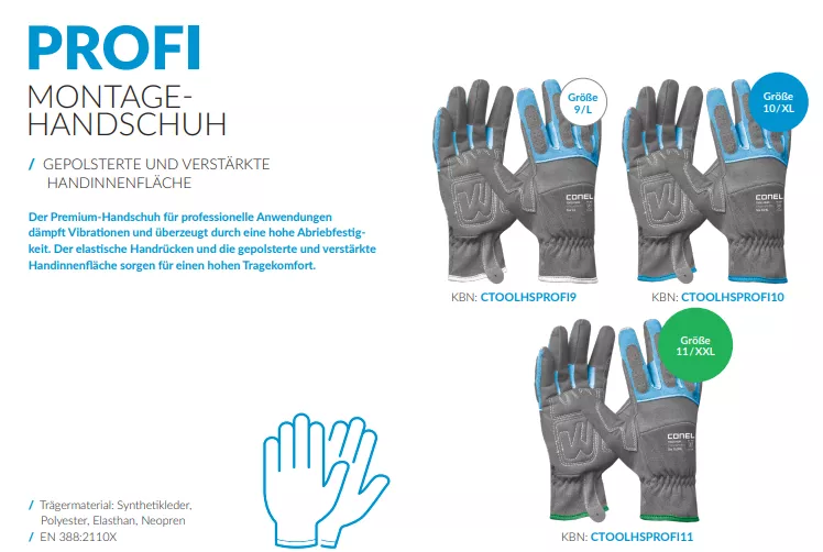 CONEL TOOLS PROFI Montagehandschuh Gr.9 L-Gr. 10 XL-Gr.11 XXL gepolst.u.verstärkte Handinnenfl. 