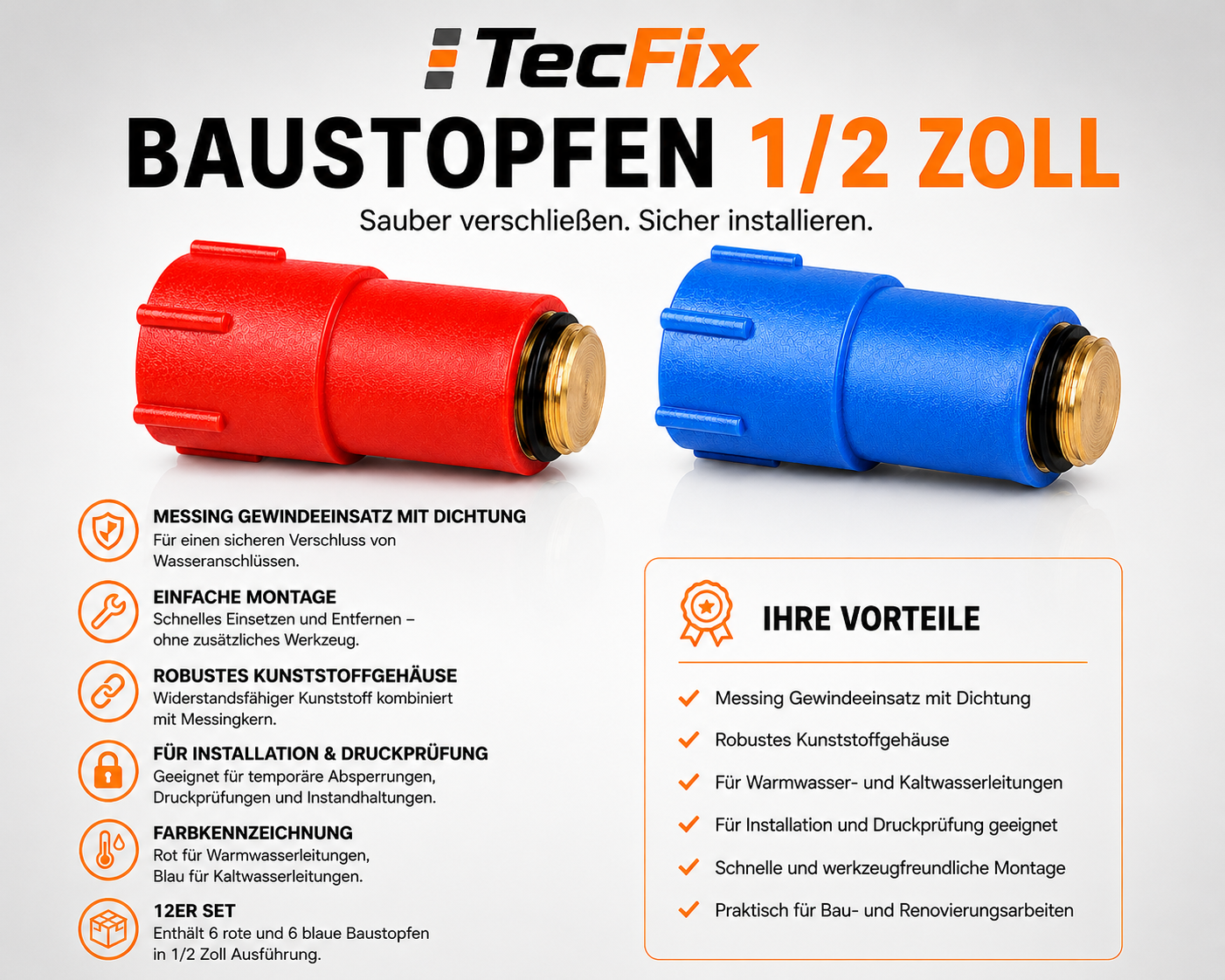Baustopfen Set 1/2" mit Messinggewinde und Nullringdichtung Rot & Blau 12 Stück