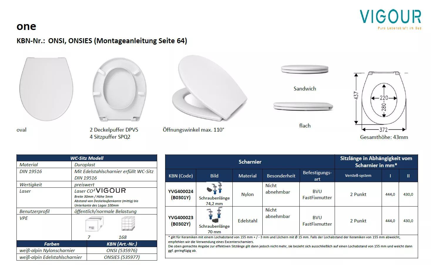 VIGOUR WC-Sitz one m.Deckel, weiß Edelstahl-Scharniere | ONSIES
