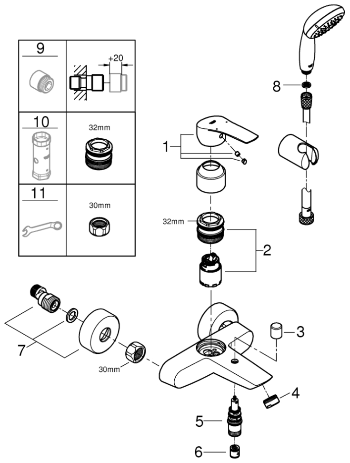 Grohe EH-Wannenbatterie Eurosmart Tempesta Brausegarnitur chrom | 33302003