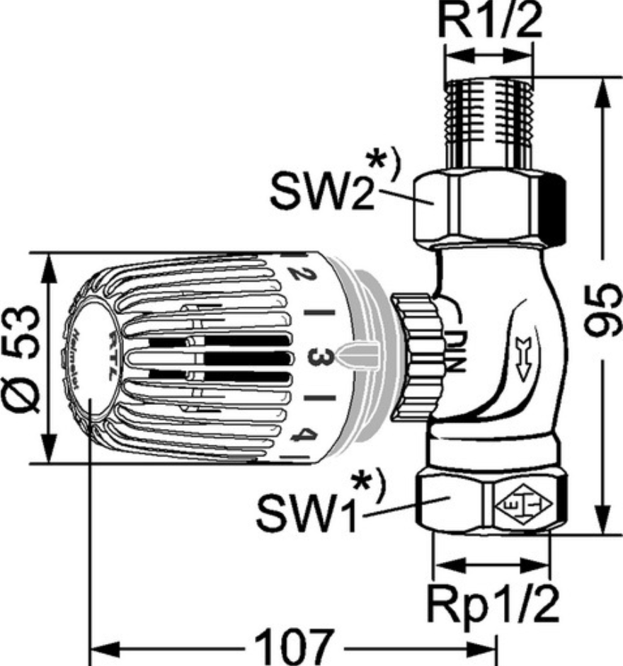 Heimeier Rücklauftemperaturbegrenzer 1/2" AG x 1/2" IG Durchgang | HRTBD15