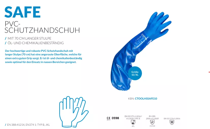CONEL TOOLS SAFE PVC-Schutzhandschuh Gr. 10 XL 70cm  öl-u.chemik.beständig | CTOOLHSSAFE10