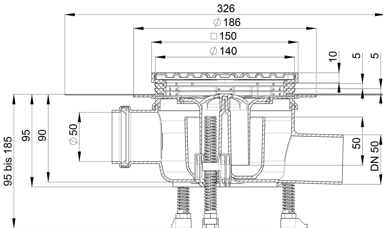 CONEL Bodenablauf DRAIN PLUS DN50, waagerecht  Zul. DN50. Aufs. 150mm | CODP50WK