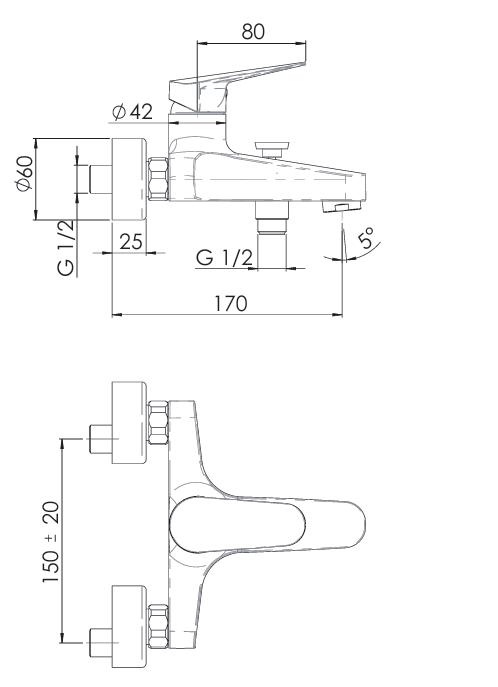 VIGOUR Einhand-AP-Badebatterie one o.Brausegarnitur verchromt | ONW