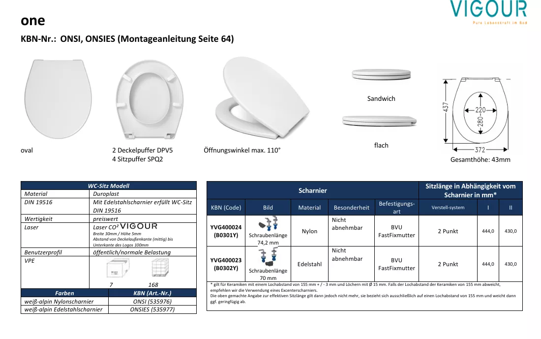 VIGOUR WC-Sitz one m.Deckel, weiß Kunststoff-Scharniere | ONSI