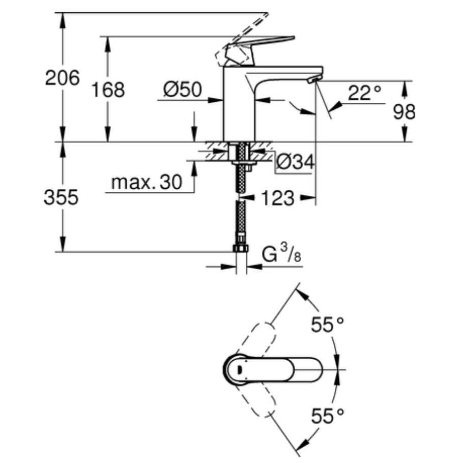 Grohe Einh.Wascht.batt.Eurosmart Cosmopolitan erh.Standf.98mm o.Abl.gar.verchr | 23327000