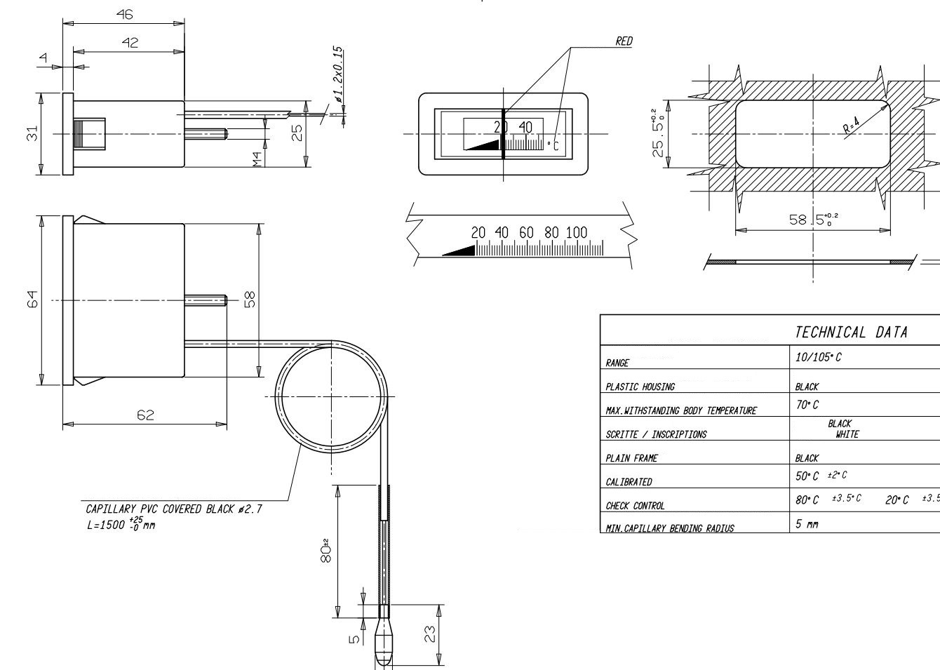 Thermometer 0 - 120 °C 1500 mm Einbau waagerecht Heizung Fernthermometer TEF64/31,THK 150/58S