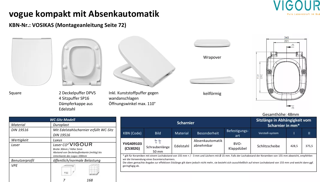VIGOUR WC-Sitz vogue, kompakt ES-Scharnier Absenkautomatik | VOSIKAS